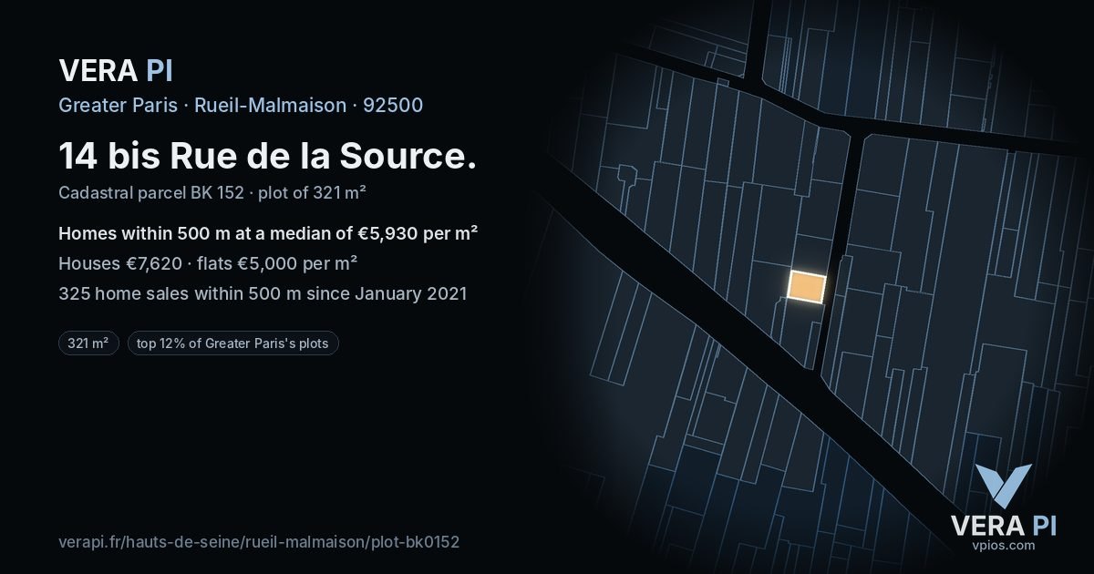 14 bis Rue de la Source, Rueil-Malmaison at night – the plot lit, the parcels around coloured by the prices near them