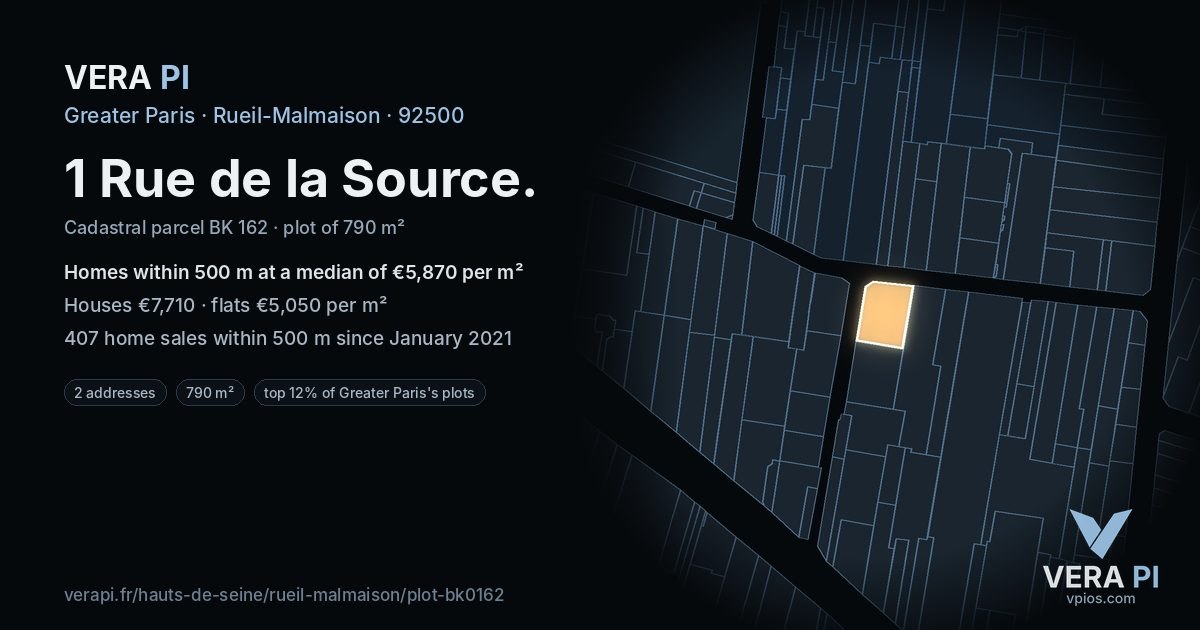 1 Rue de la Source, Rueil-Malmaison at night – the plot lit, the parcels around coloured by the prices near them