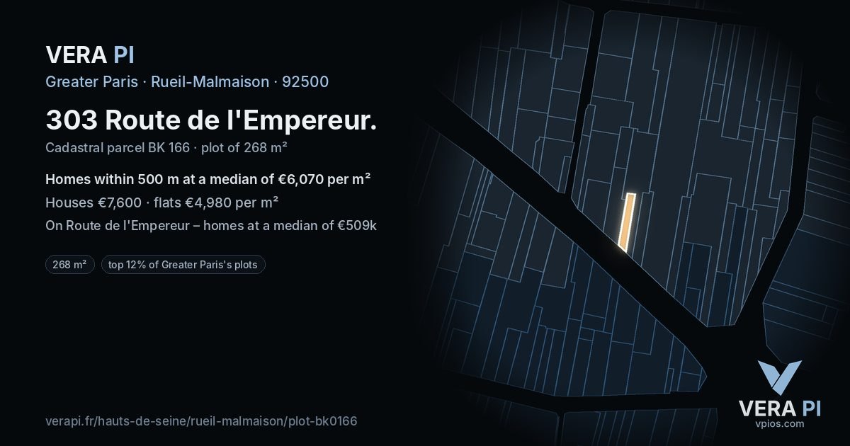 303 Route de l'Empereur, Rueil-Malmaison at night – the plot lit, the parcels around coloured by the prices near them