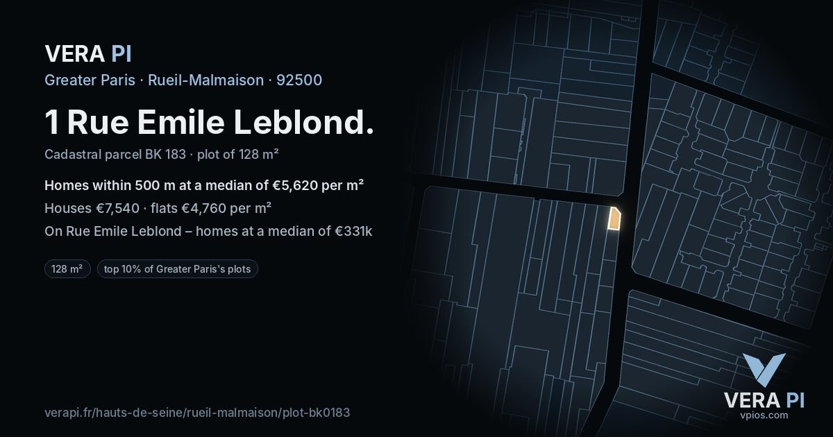 1 Rue Emile Leblond, Rueil-Malmaison at night – the plot lit, the parcels around coloured by the prices near them