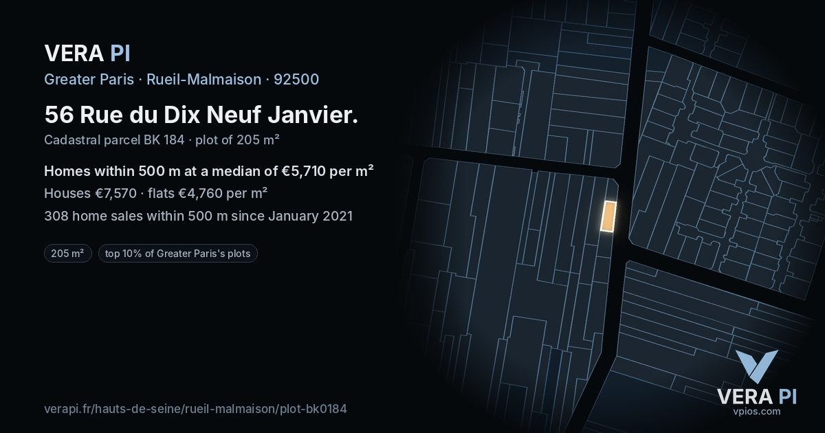 56 Rue du Dix Neuf Janvier, Rueil-Malmaison at night – the plot lit, the parcels around coloured by the prices near them
