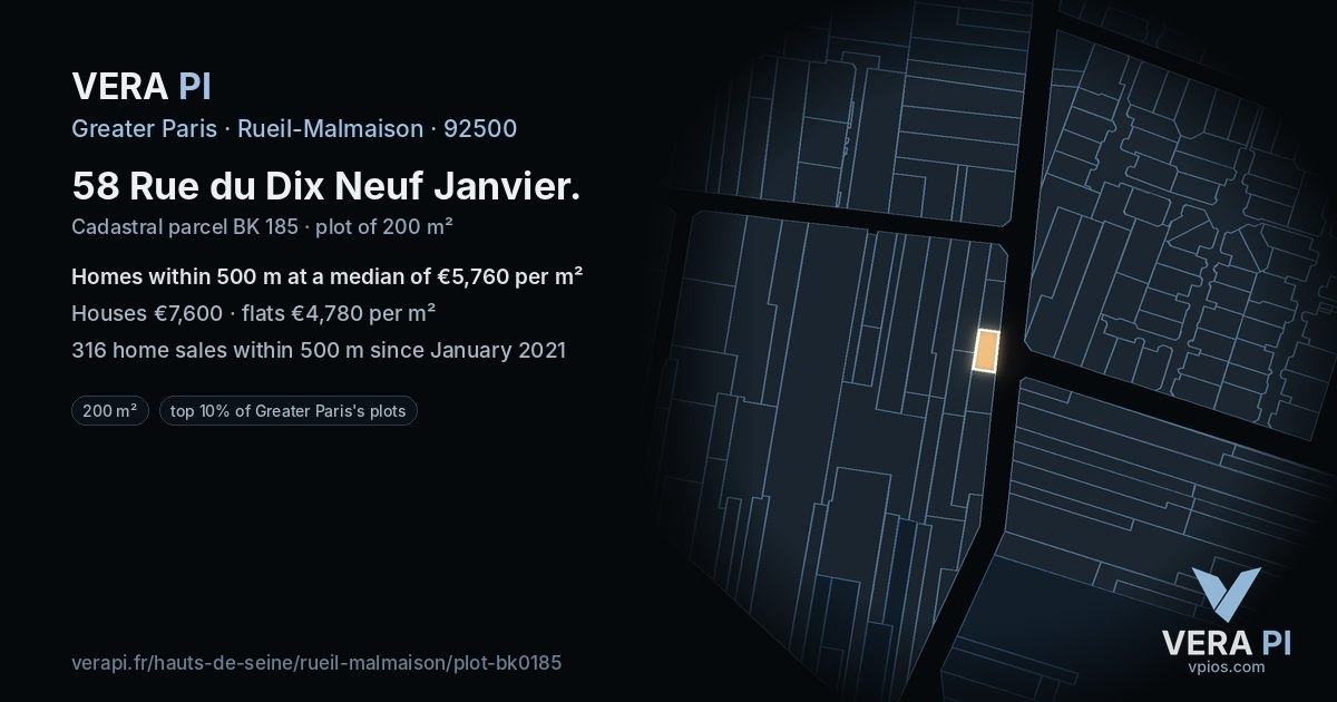 58 Rue du Dix Neuf Janvier, Rueil-Malmaison at night – the plot lit, the parcels around coloured by the prices near them