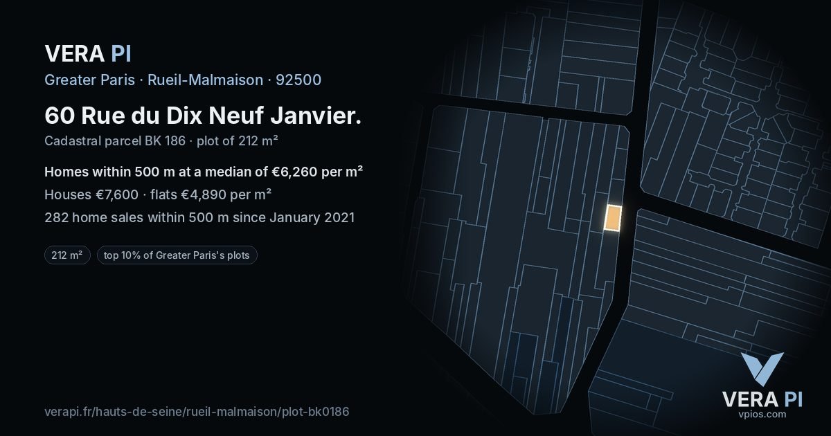60 Rue du Dix Neuf Janvier, Rueil-Malmaison at night – the plot lit, the parcels around coloured by the prices near them