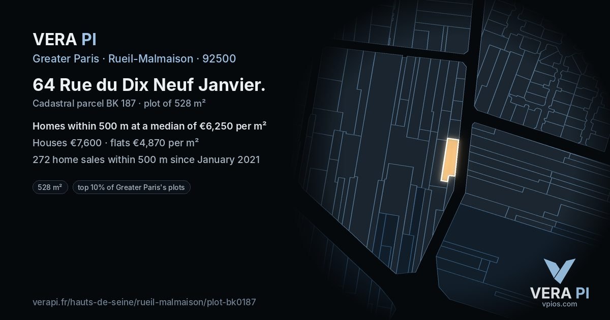 64 Rue du Dix Neuf Janvier, Rueil-Malmaison at night – the plot lit, the parcels around coloured by the prices near them