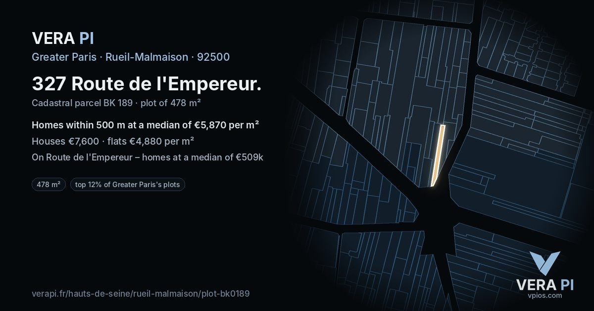 327 Route de l'Empereur, Rueil-Malmaison at night – the plot lit, the parcels around coloured by the prices near them
