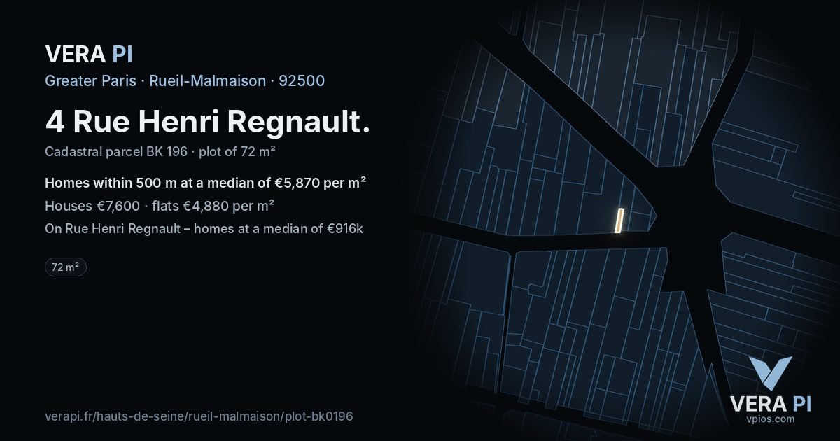 4 Rue Henri Regnault, Rueil-Malmaison at night – the plot lit, the parcels around coloured by the prices near them