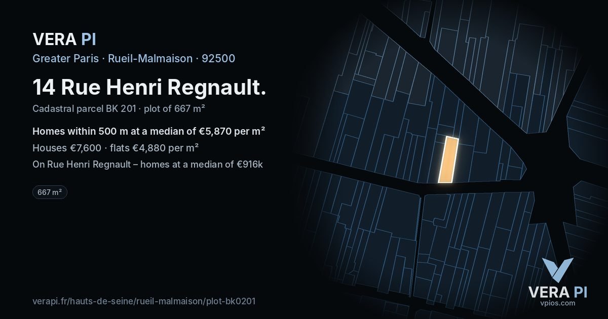 14 Rue Henri Regnault, Rueil-Malmaison at night – the plot lit, the parcels around coloured by the prices near them