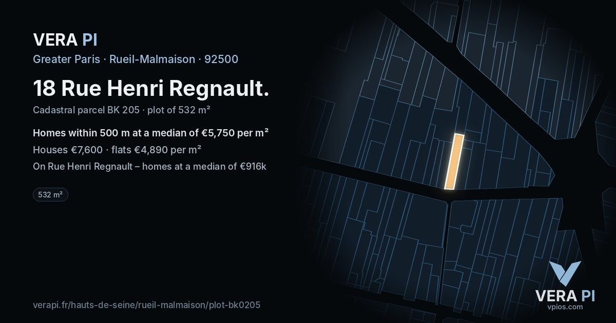 18 Rue Henri Regnault, Rueil-Malmaison at night – the plot lit, the parcels around coloured by the prices near them
