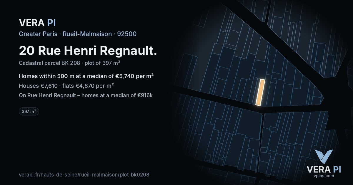 20 Rue Henri Regnault, Rueil-Malmaison at night – the plot lit, the parcels around coloured by the prices near them