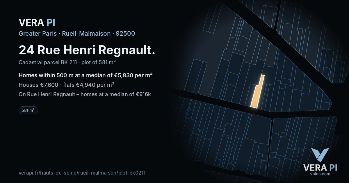 24 Rue Henri Regnault, Rueil-Malmaison at night – the plot lit, the parcels around coloured by the prices near them