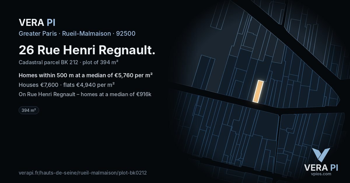 26 Rue Henri Regnault, Rueil-Malmaison at night – the plot lit, the parcels around coloured by the prices near them