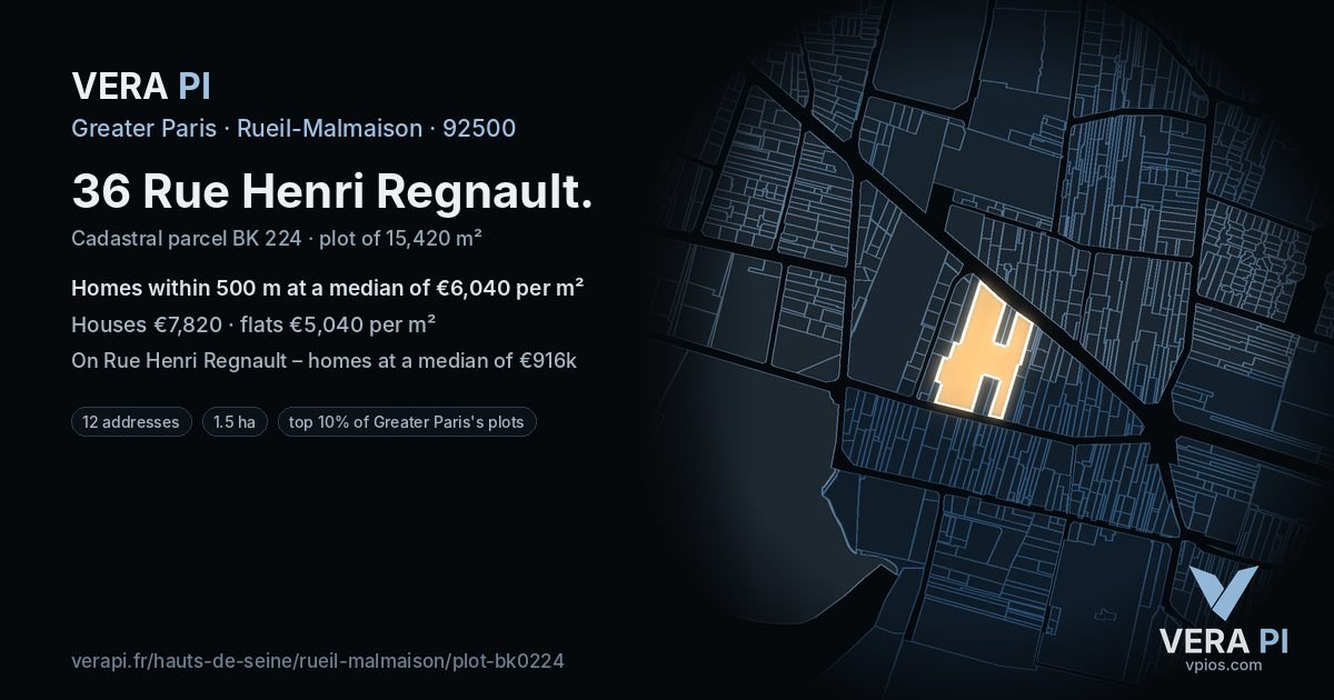 36 Rue Henri Regnault, Rueil-Malmaison at night – the plot lit, the parcels around coloured by the prices near them