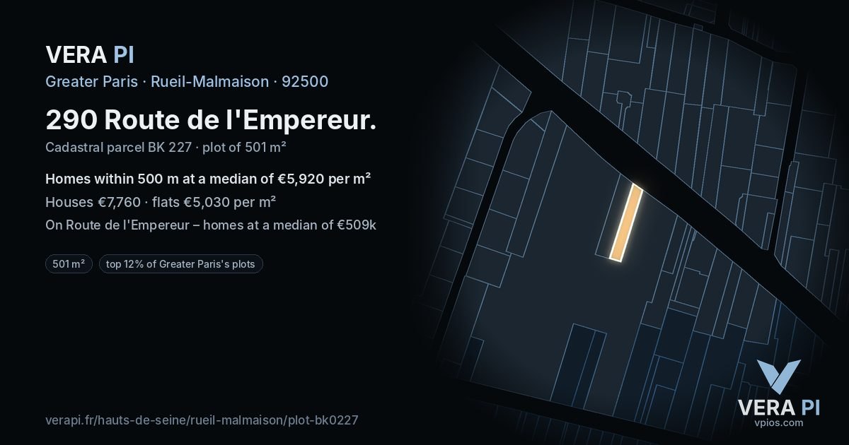 290 Route de l'Empereur, Rueil-Malmaison at night – the plot lit, the parcels around coloured by the prices near them