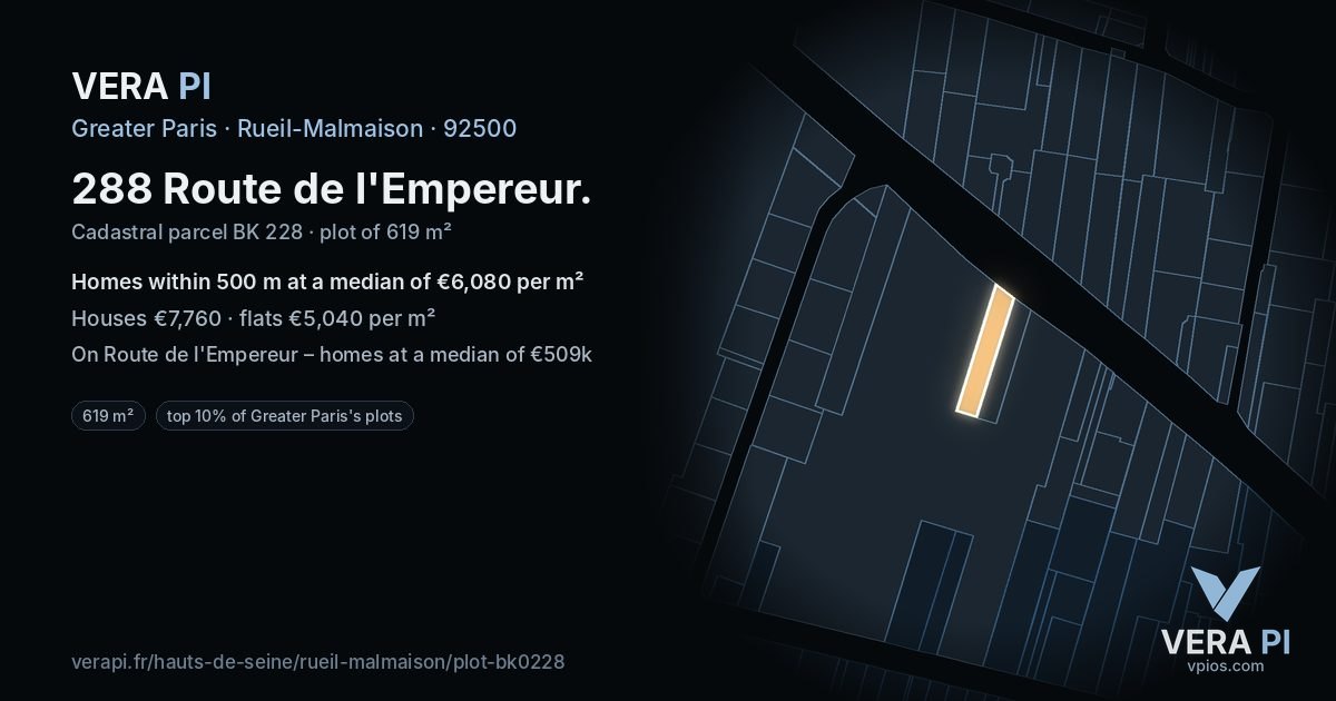 288 Route de l'Empereur, Rueil-Malmaison at night – the plot lit, the parcels around coloured by the prices near them
