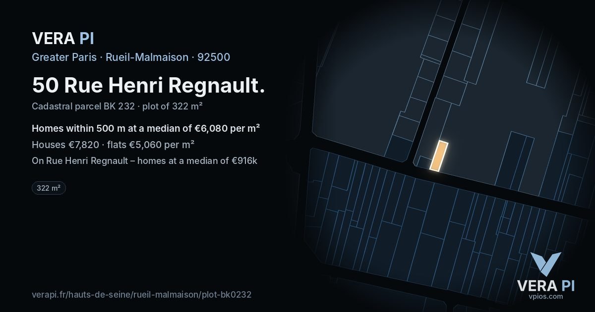 50 Rue Henri Regnault, Rueil-Malmaison at night – the plot lit, the parcels around coloured by the prices near them
