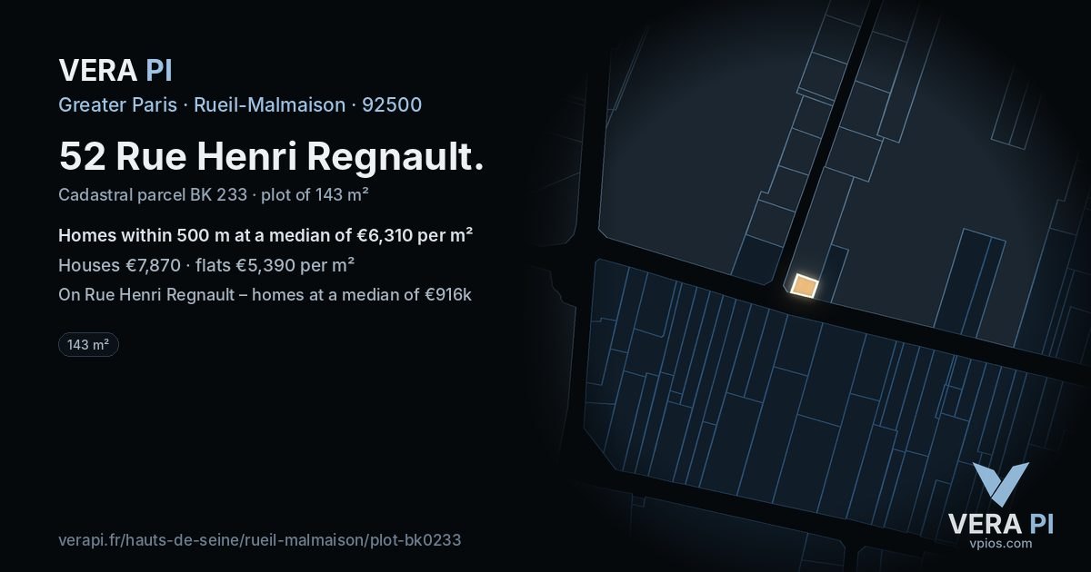52 Rue Henri Regnault, Rueil-Malmaison at night – the plot lit, the parcels around coloured by the prices near them