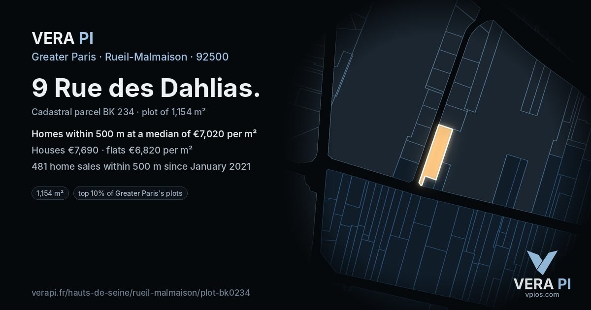 9 Rue des Dahlias, Rueil-Malmaison at night – the plot lit, the parcels around coloured by the prices near them