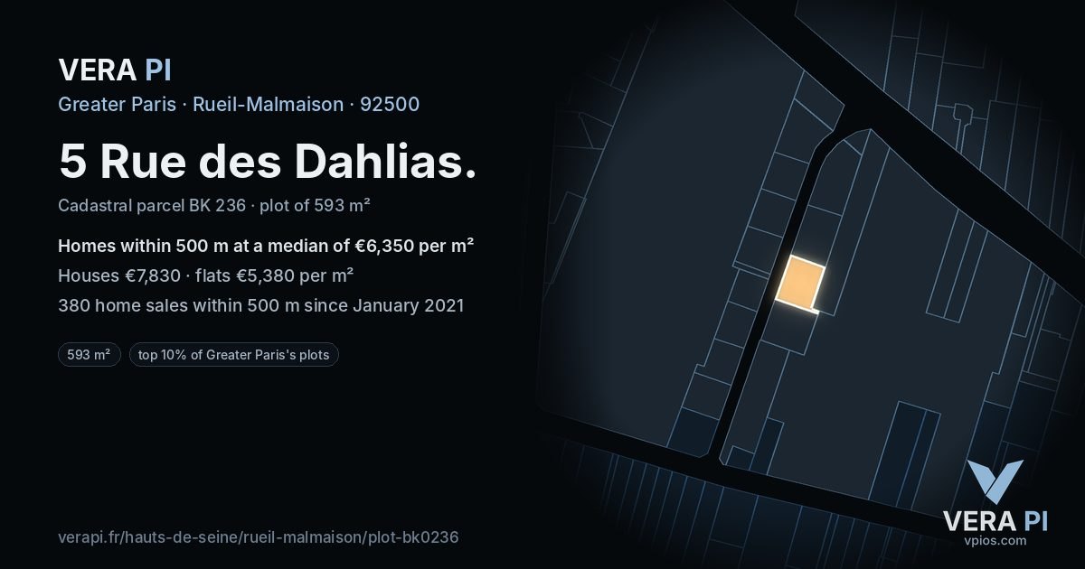 5 Rue des Dahlias, Rueil-Malmaison at night – the plot lit, the parcels around coloured by the prices near them