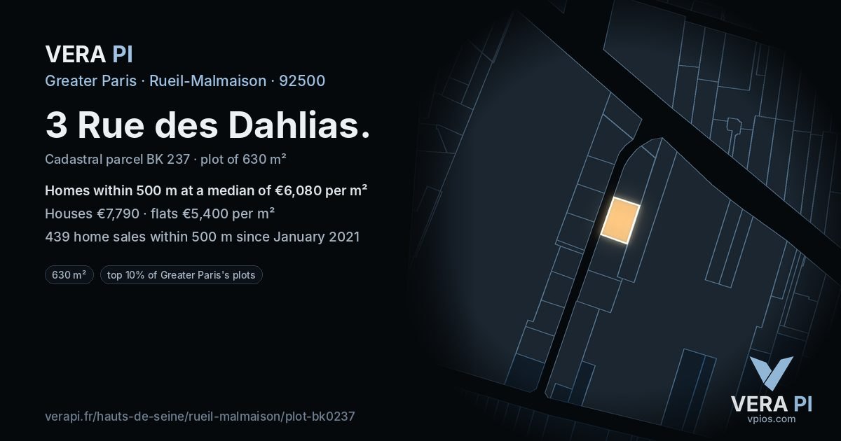 3 Rue des Dahlias, Rueil-Malmaison at night – the plot lit, the parcels around coloured by the prices near them