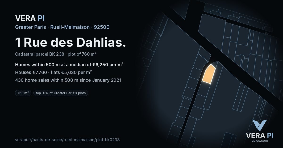 1 Rue des Dahlias, Rueil-Malmaison at night – the plot lit, the parcels around coloured by the prices near them