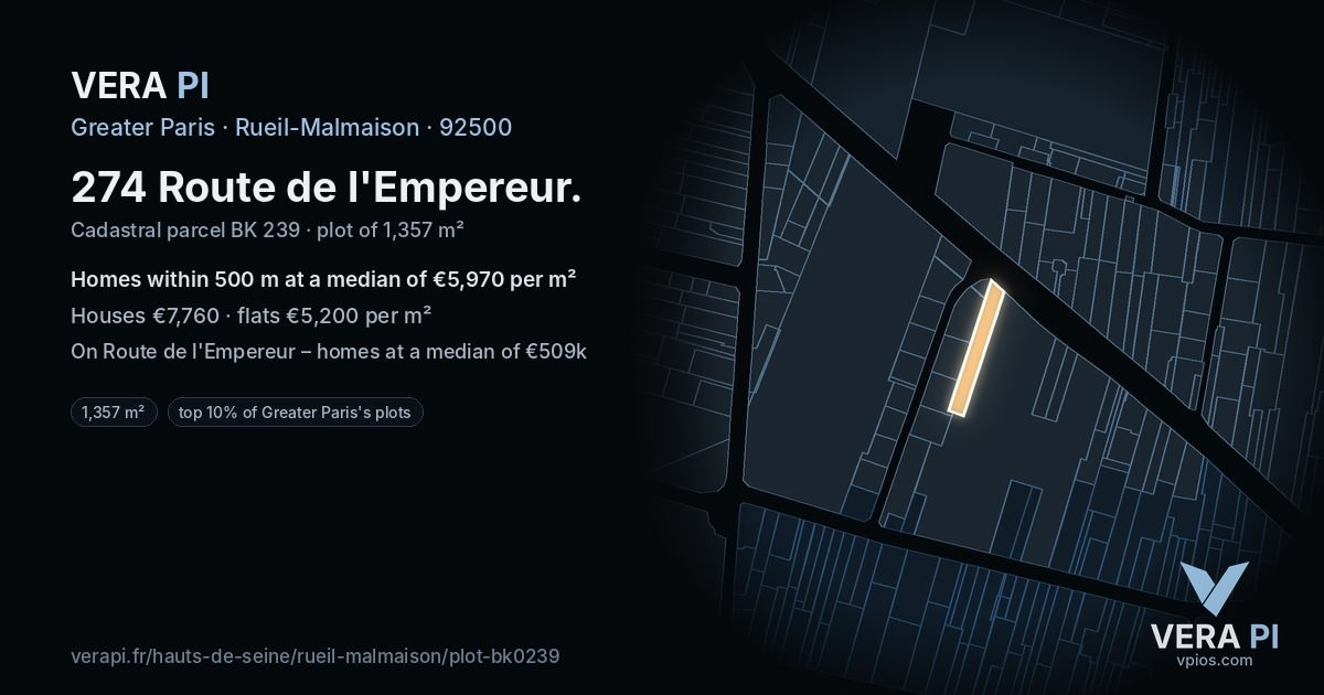 274 Route de l'Empereur, Rueil-Malmaison at night – the plot lit, the parcels around coloured by the prices near them