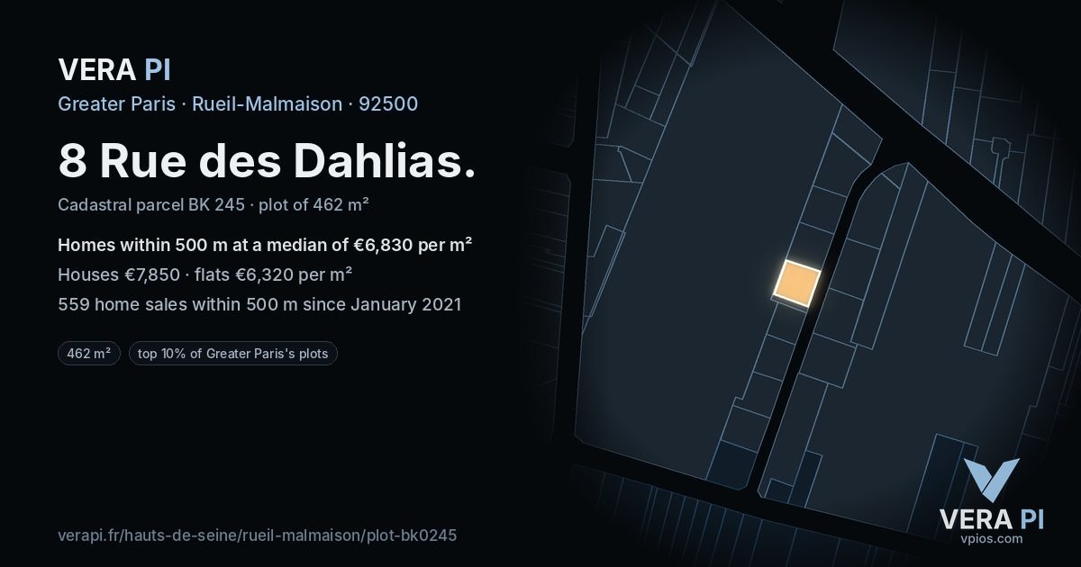 8 Rue des Dahlias, Rueil-Malmaison at night – the plot lit, the parcels around coloured by the prices near them