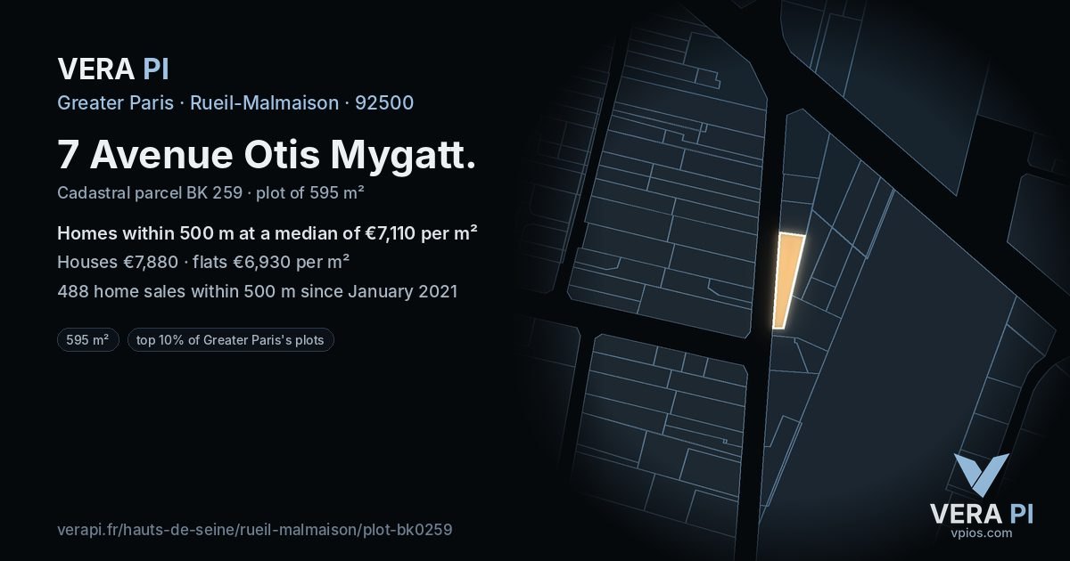 7 Avenue Otis Mygatt, Rueil-Malmaison at night – the plot lit, the parcels around coloured by the prices near them