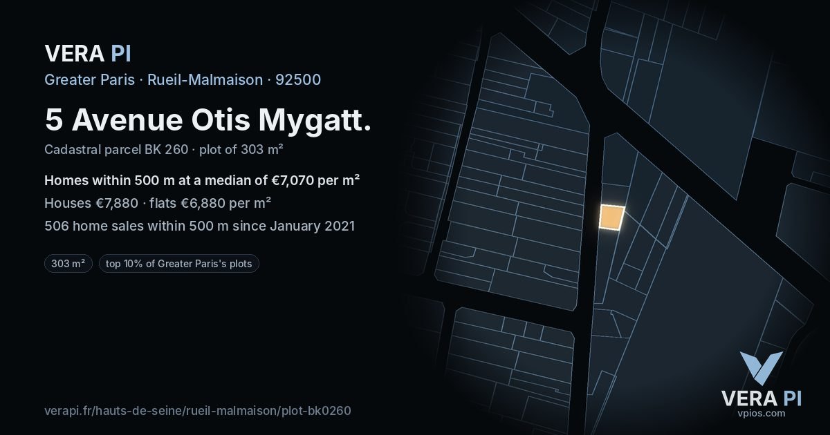 5 Avenue Otis Mygatt, Rueil-Malmaison at night – the plot lit, the parcels around coloured by the prices near them