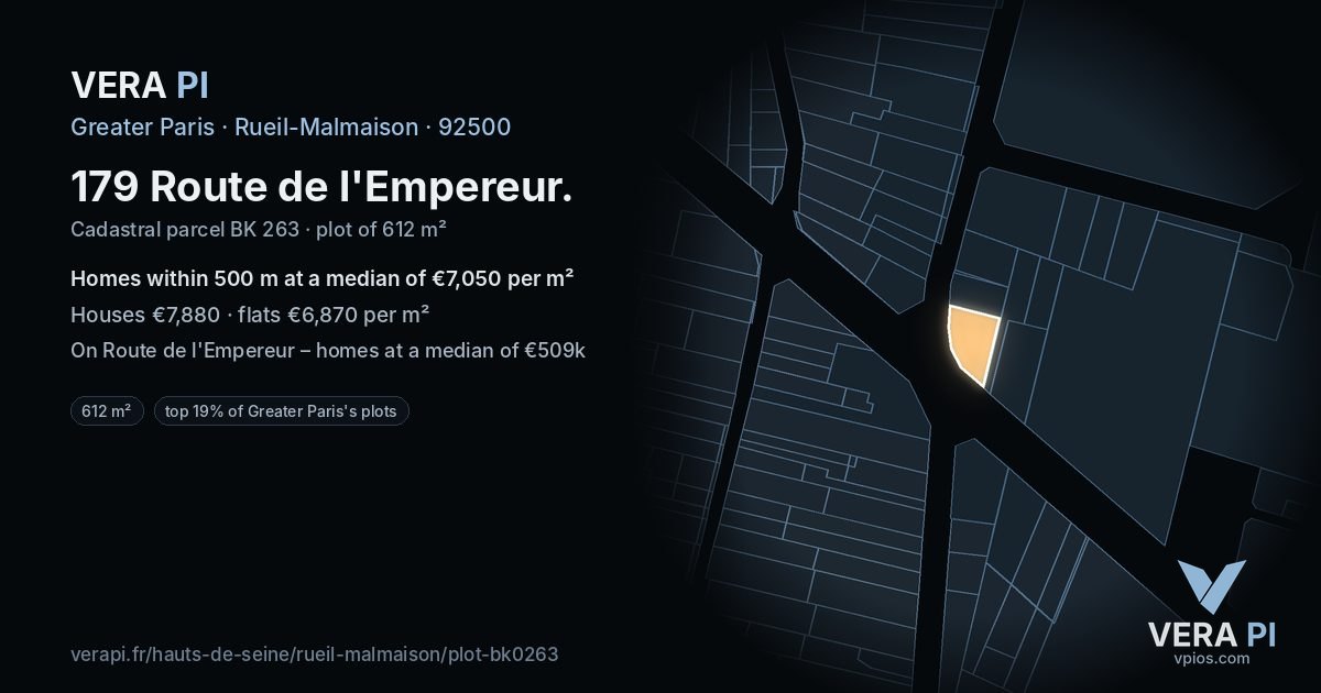 179 Route de l'Empereur, Rueil-Malmaison at night – the plot lit, the parcels around coloured by the prices near them