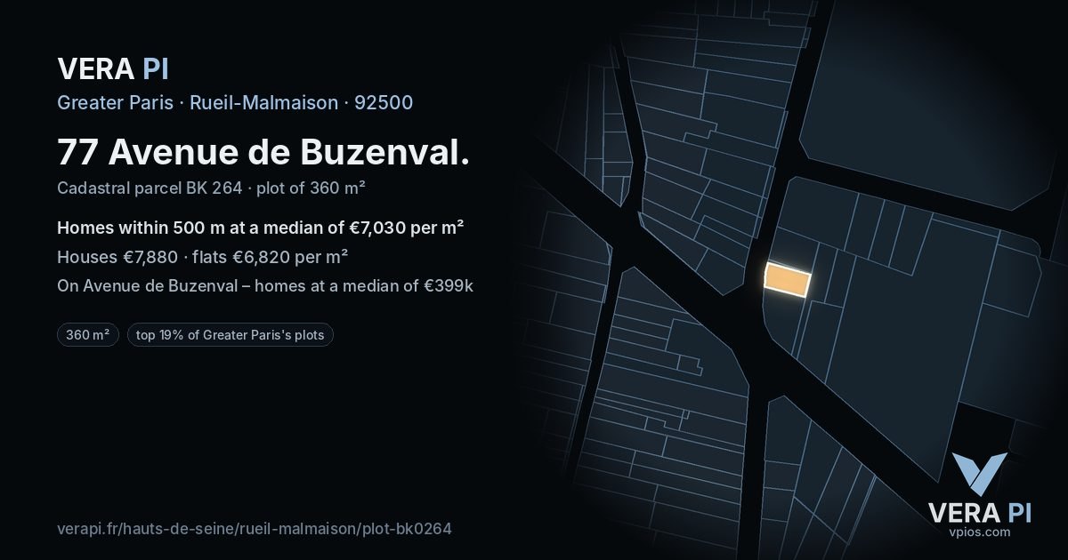77 Avenue de Buzenval, Rueil-Malmaison at night – the plot lit, the parcels around coloured by the prices near them