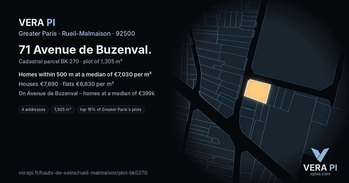 71 Avenue de Buzenval, Rueil-Malmaison at night – the plot lit, the parcels around coloured by the prices near them