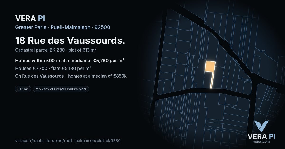 18 Rue des Vaussourds, Rueil-Malmaison at night – the plot lit, the parcels around coloured by the prices near them