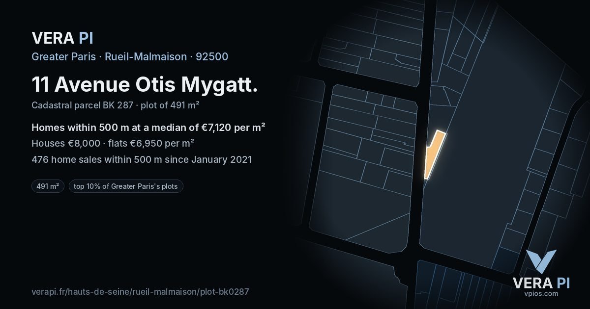 11 Avenue Otis Mygatt, Rueil-Malmaison at night – the plot lit, the parcels around coloured by the prices near them