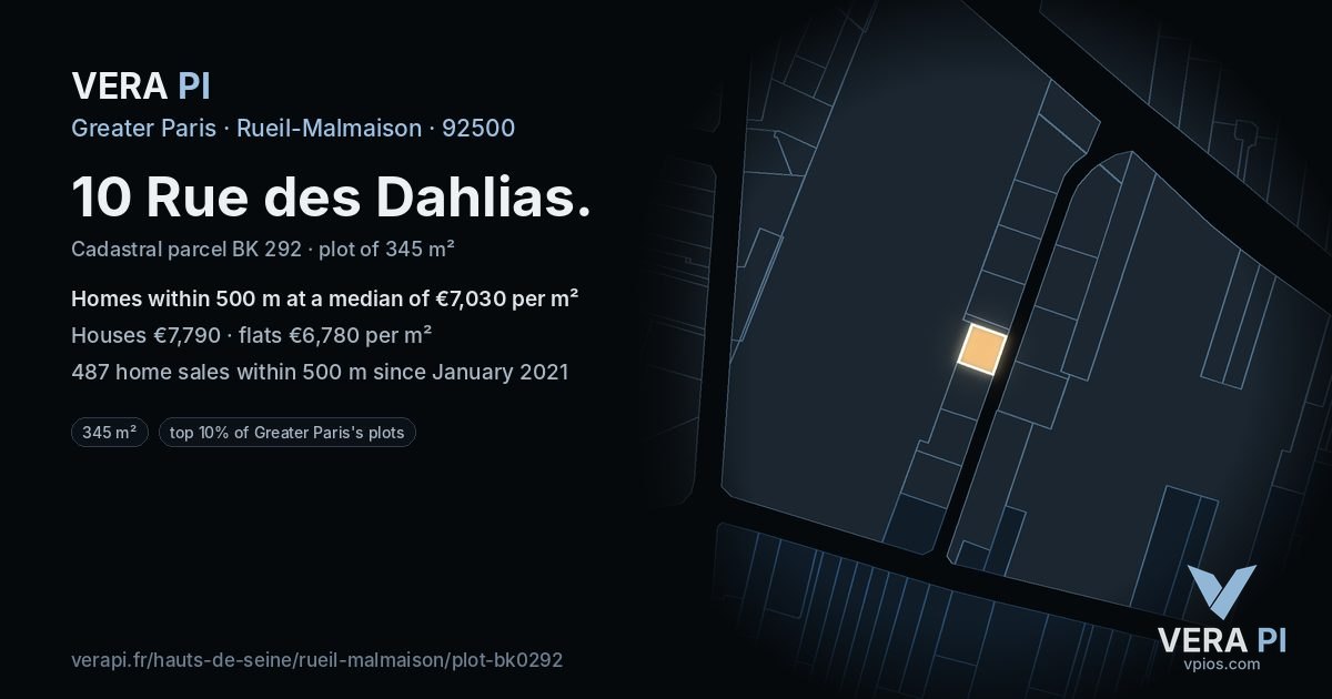 10 Rue des Dahlias, Rueil-Malmaison at night – the plot lit, the parcels around coloured by the prices near them