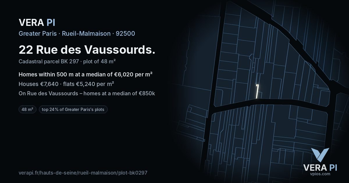 22 Rue des Vaussourds, Rueil-Malmaison at night – the plot lit, the parcels around coloured by the prices near them