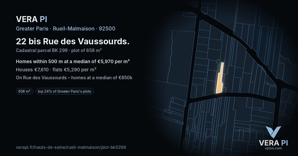 22 bis Rue des Vaussourds, Rueil-Malmaison at night – the plot lit, the parcels around coloured by the prices near them
