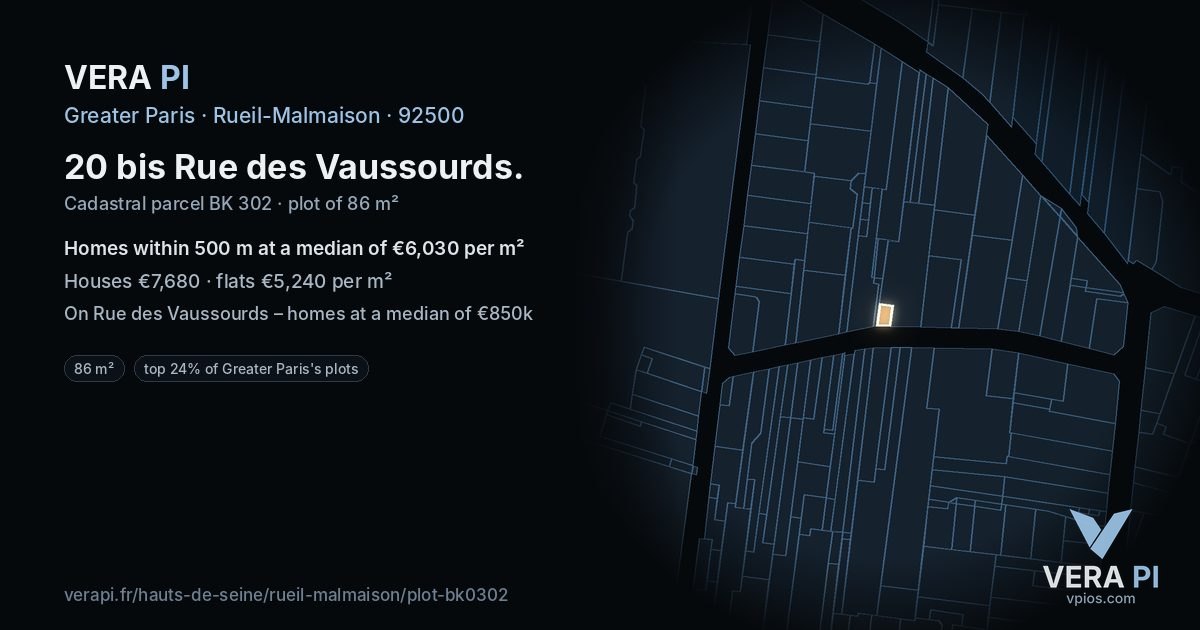 20 bis Rue des Vaussourds, Rueil-Malmaison at night – the plot lit, the parcels around coloured by the prices near them