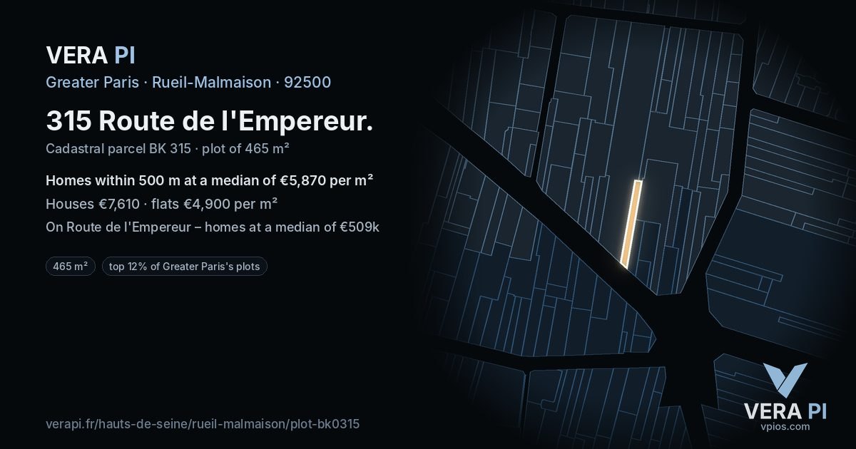 315 Route de l'Empereur, Rueil-Malmaison at night – the plot lit, the parcels around coloured by the prices near them
