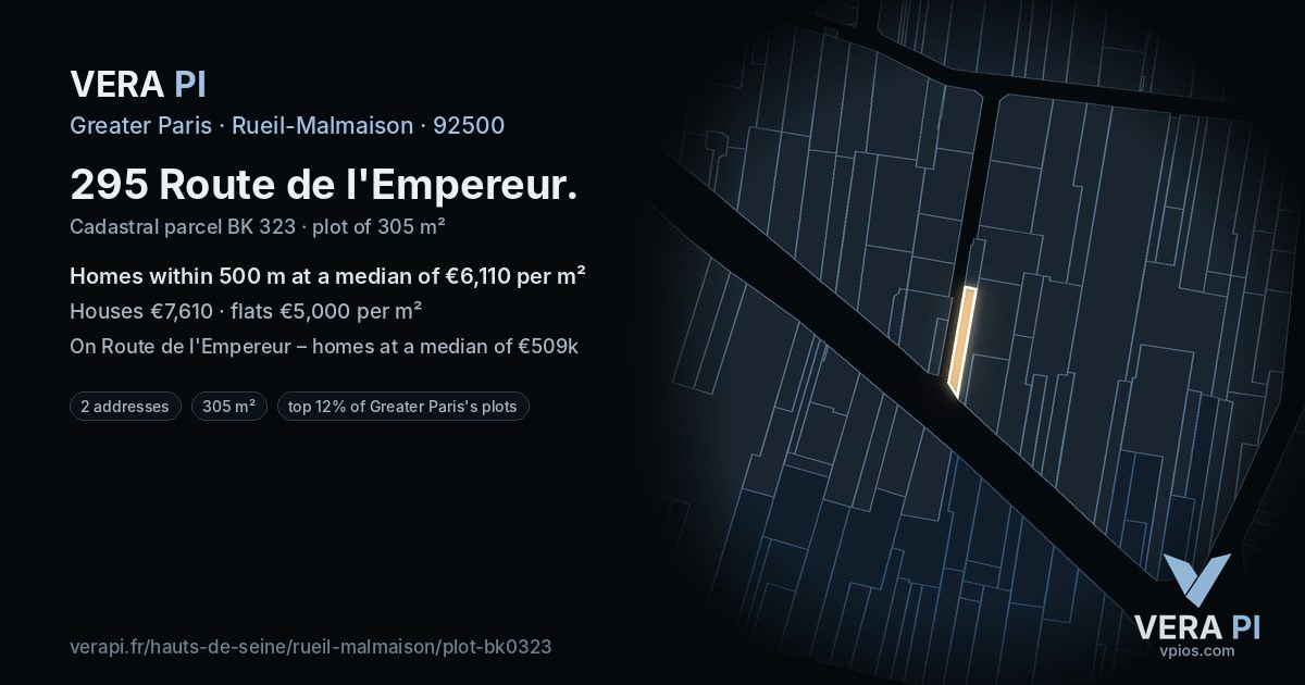 295 Route de l'Empereur, Rueil-Malmaison at night – the plot lit, the parcels around coloured by the prices near them