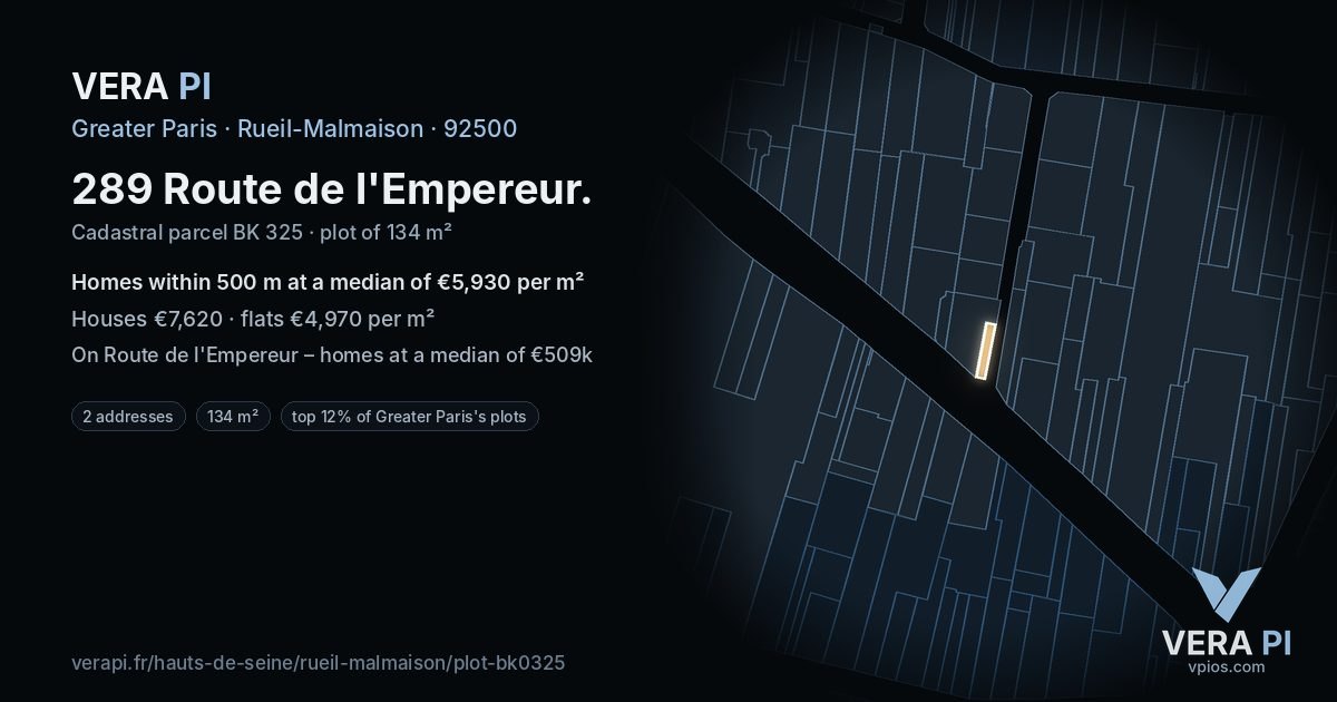 289 Route de l'Empereur, Rueil-Malmaison at night – the plot lit, the parcels around coloured by the prices near them