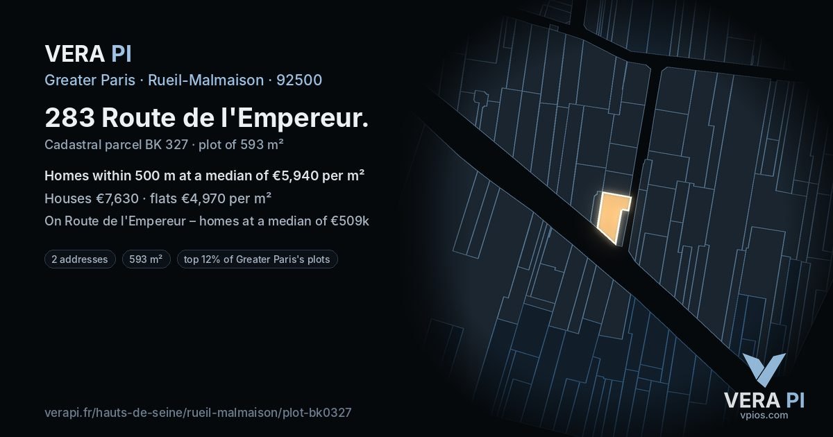283 Route de l'Empereur, Rueil-Malmaison at night – the plot lit, the parcels around coloured by the prices near them