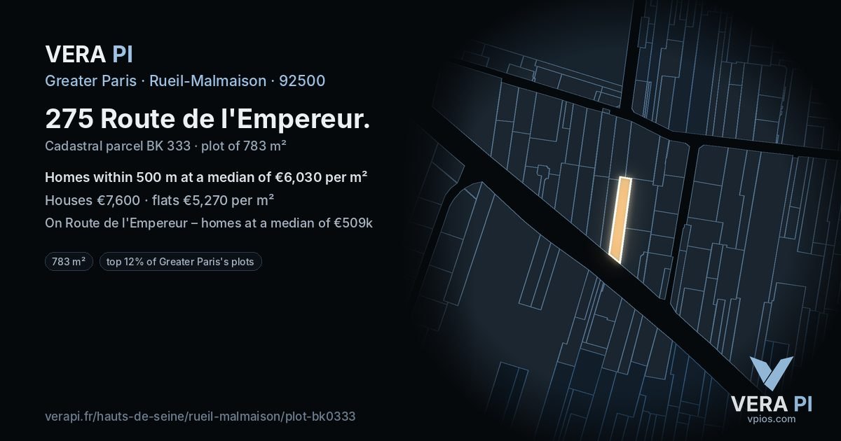 275 Route de l'Empereur, Rueil-Malmaison at night – the plot lit, the parcels around coloured by the prices near them