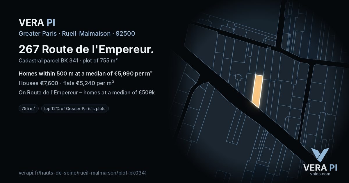 267 Route de l'Empereur, Rueil-Malmaison at night – the plot lit, the parcels around coloured by the prices near them