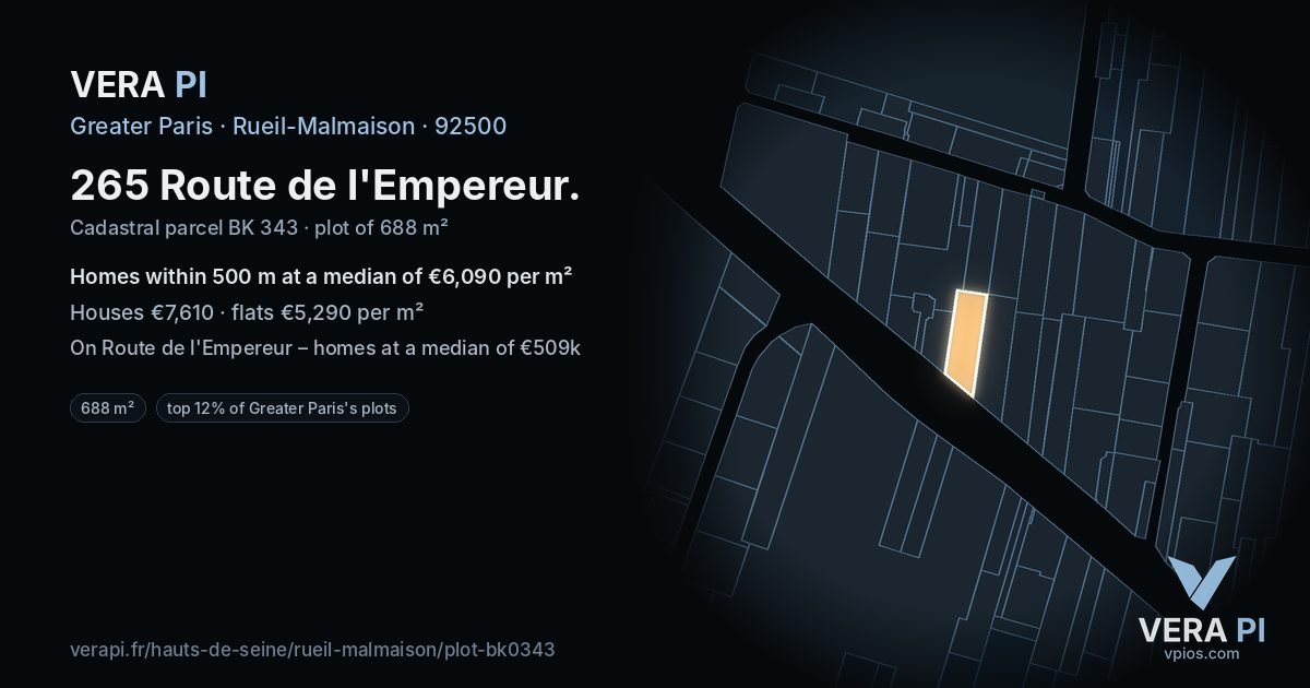 265 Route de l'Empereur, Rueil-Malmaison at night – the plot lit, the parcels around coloured by the prices near them