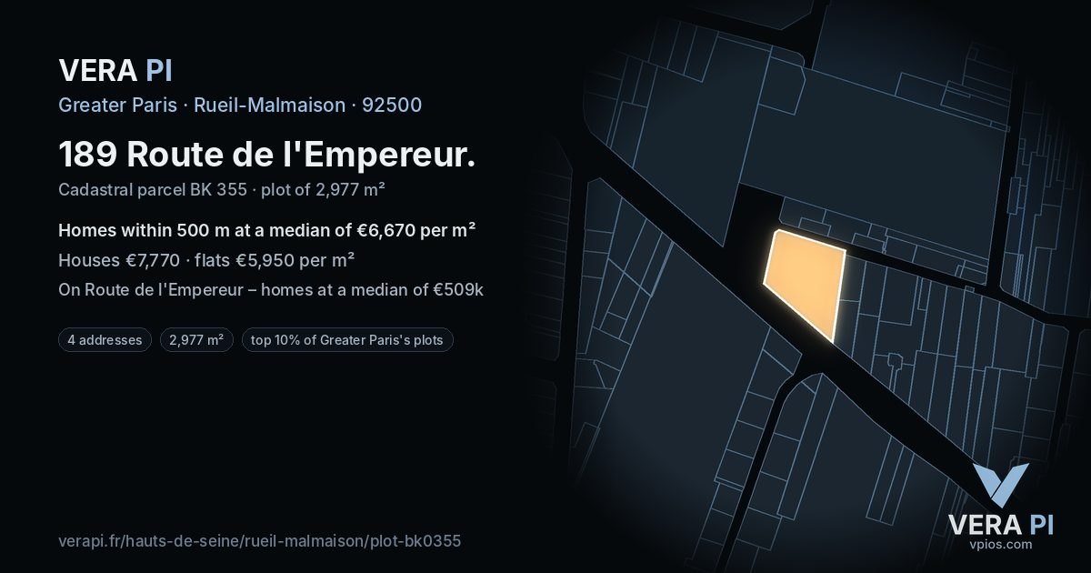 189 Route de l'Empereur, Rueil-Malmaison at night – the plot lit, the parcels around coloured by the prices near them