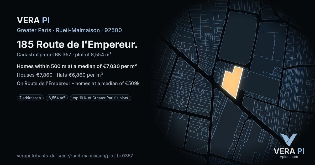 185 Route de l'Empereur, Rueil-Malmaison at night – the plot lit, the parcels around coloured by the prices near them
