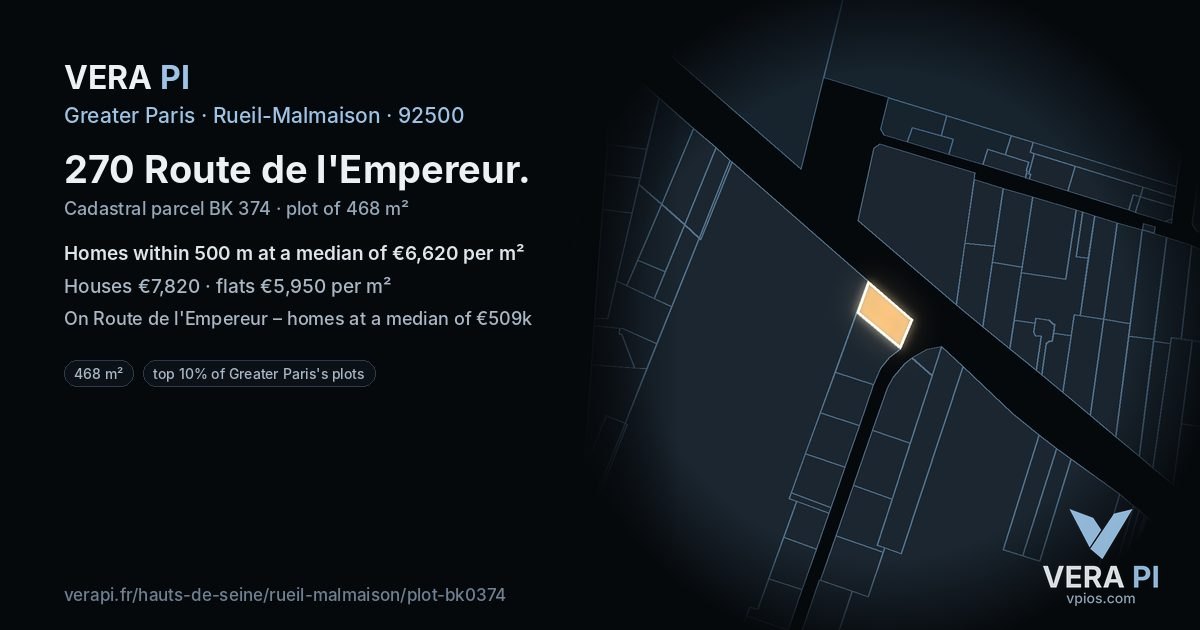 270 Route de l'Empereur, Rueil-Malmaison at night – the plot lit, the parcels around coloured by the prices near them