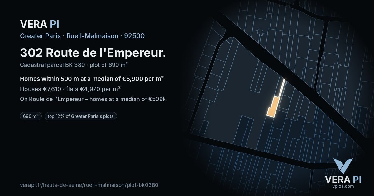 302 Route de l'Empereur, Rueil-Malmaison at night – the plot lit, the parcels around coloured by the prices near them