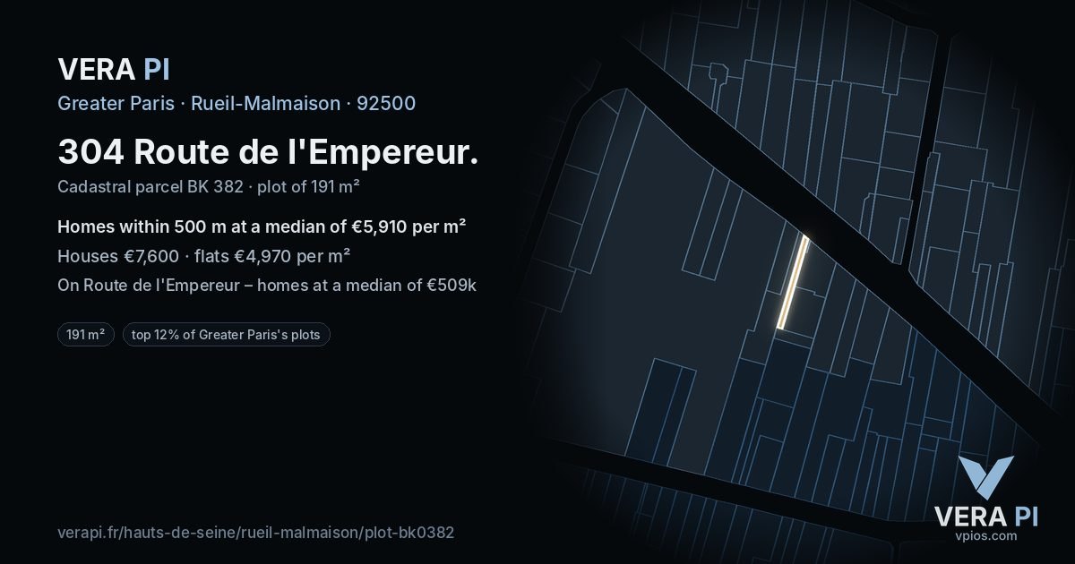 304 Route de l'Empereur, Rueil-Malmaison at night – the plot lit, the parcels around coloured by the prices near them
