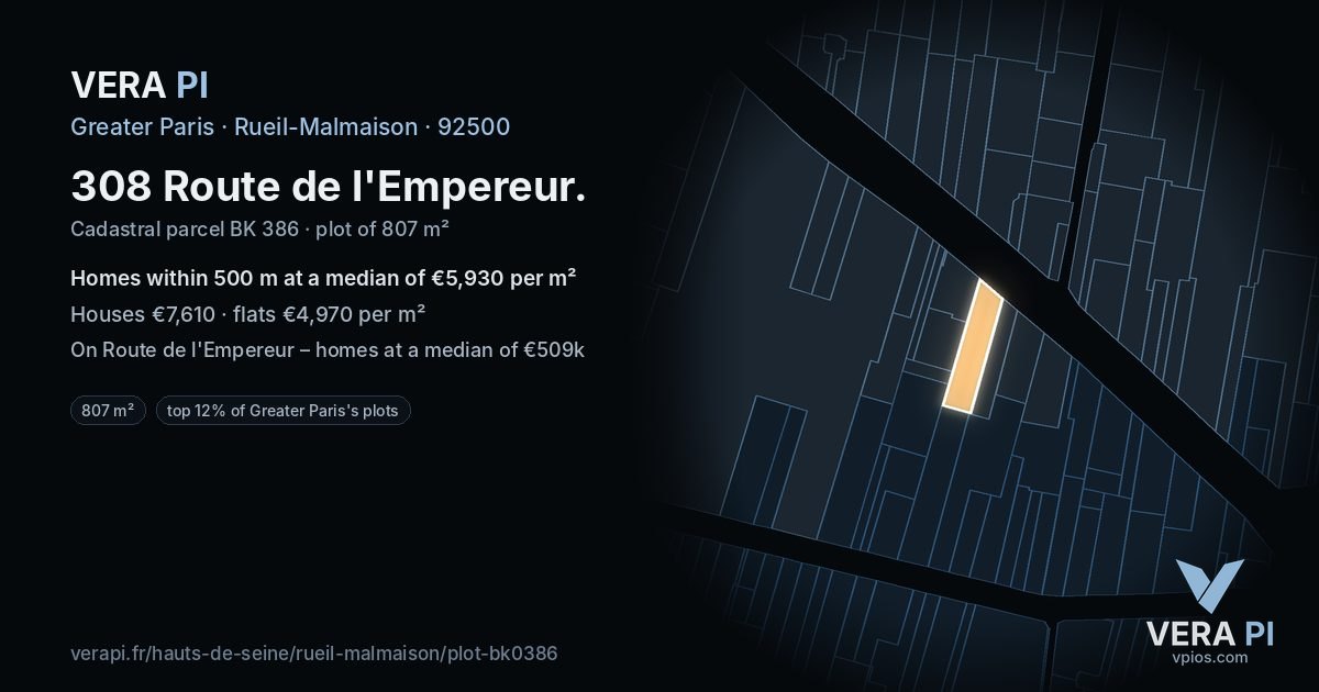 308 Route de l'Empereur, Rueil-Malmaison at night – the plot lit, the parcels around coloured by the prices near them
